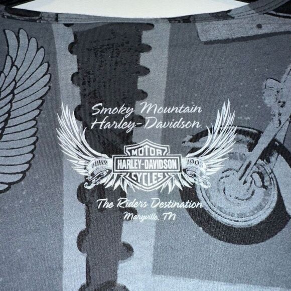 Harley Davidson Smokey Mountains Womens Grey Motorcycle Pattern Tee Size Medium - Picture 5 of 11